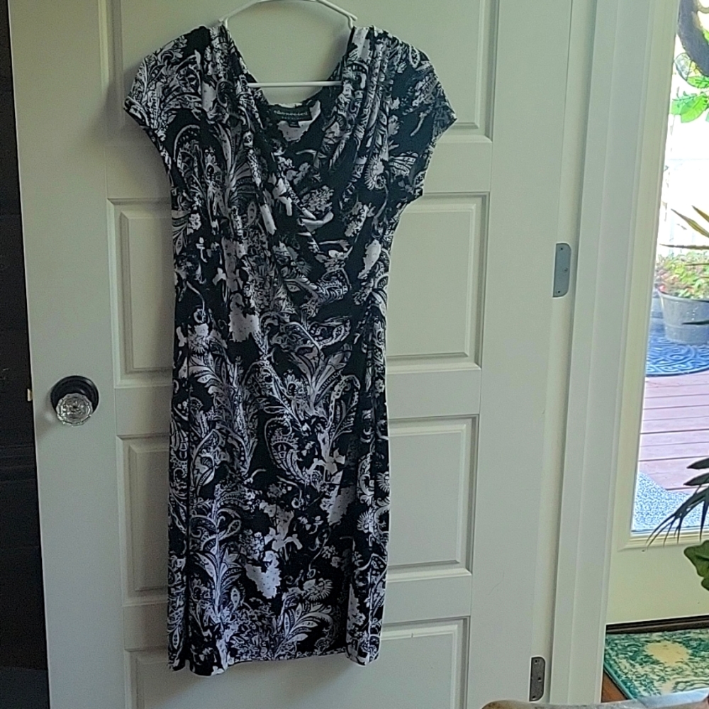 Black and white cowl neck dress